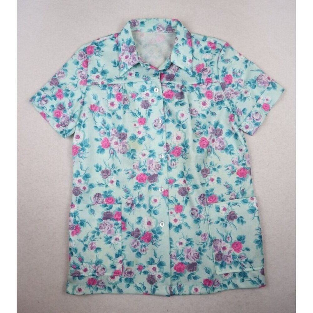 VINTAGE WOMEN'S GREEN FLORAL PRINT SHORT SLEEVE BUTTON-UP SHIRT - POCKETS - S